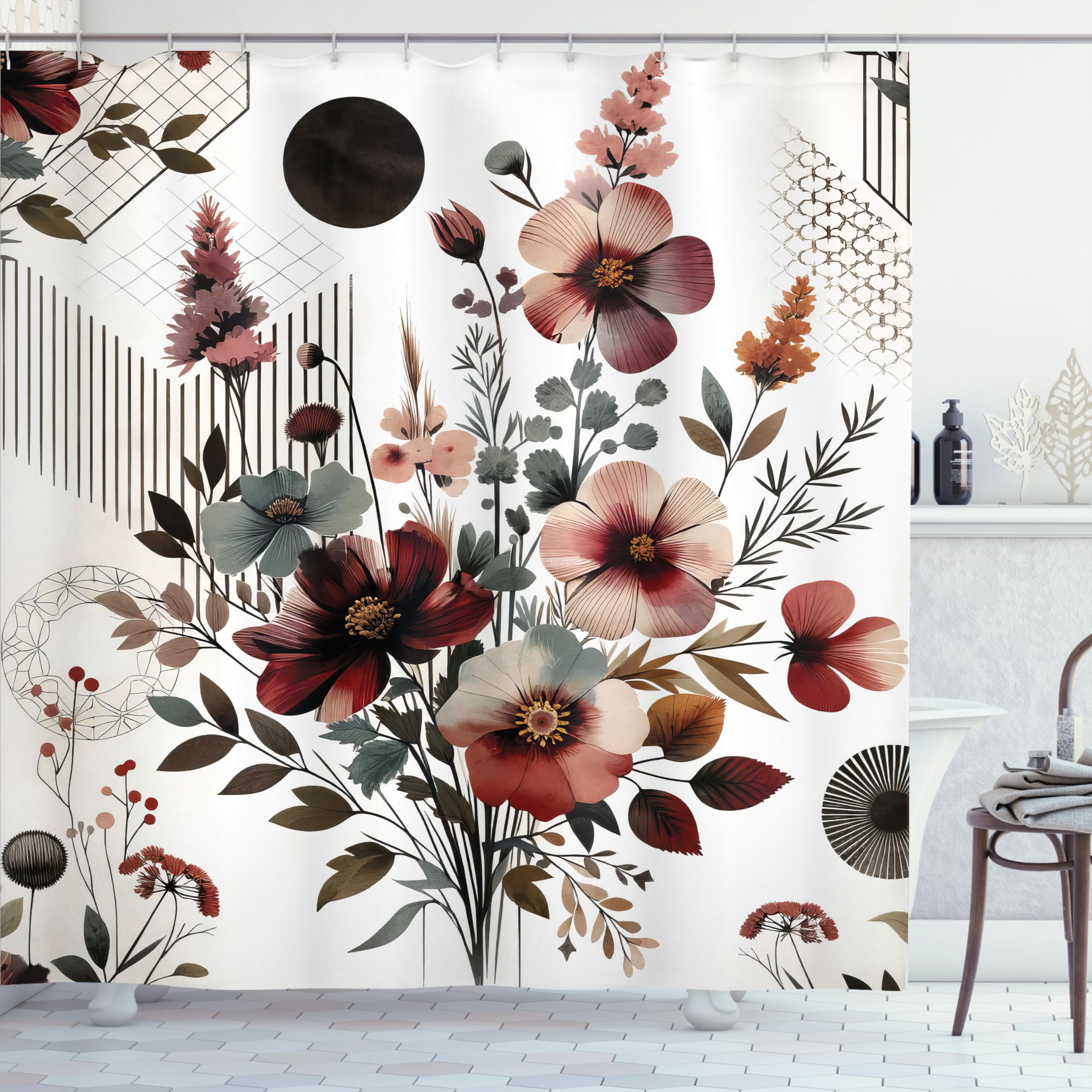 Ambesonne Floral Shower Curtain, Mid Century Modern Rounds Chevrons And Stripes Ornate Leafy Wildflowers, Cloth Fabric Bathroom